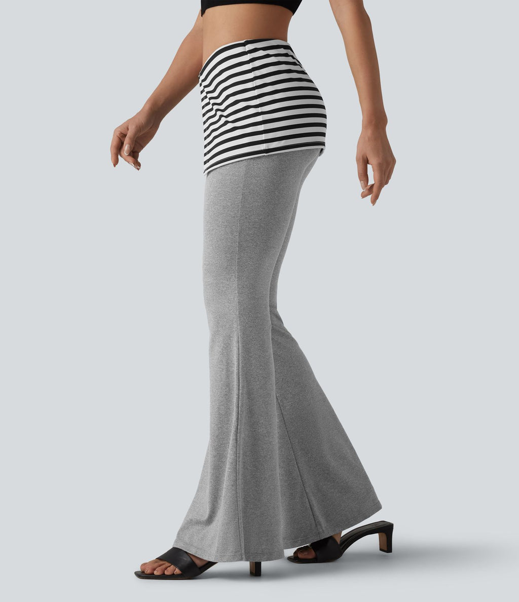 Pantalon évasé taille basse rabattable à rayures chiné