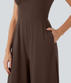 Combinaison de yoga Softlyzero™ Airy Cool Touch à col cranté, manches courtes, jambes larges et poches latérales - Édition Easy Peasy