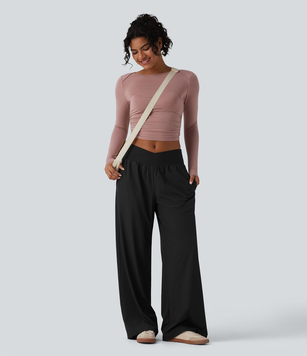 Pantalon ample décontracté taille basse croisée avec poches
