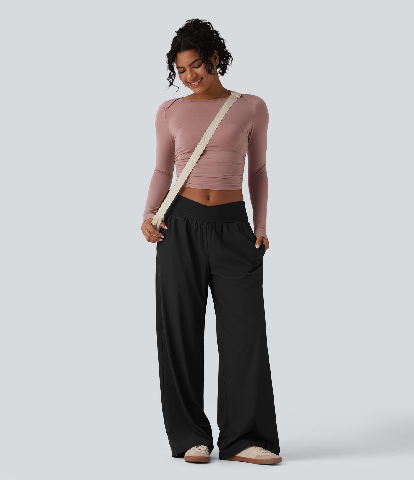 Pantalon ample décontracté taille basse croisée avec poches