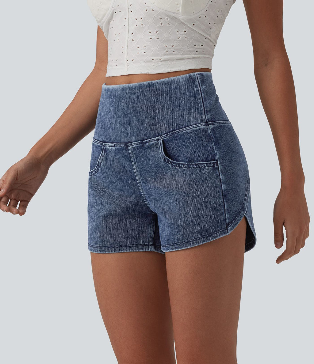 Halara Flex™ Short casual en jean skinny gainant taille haute à ourlet arrondi avec poches