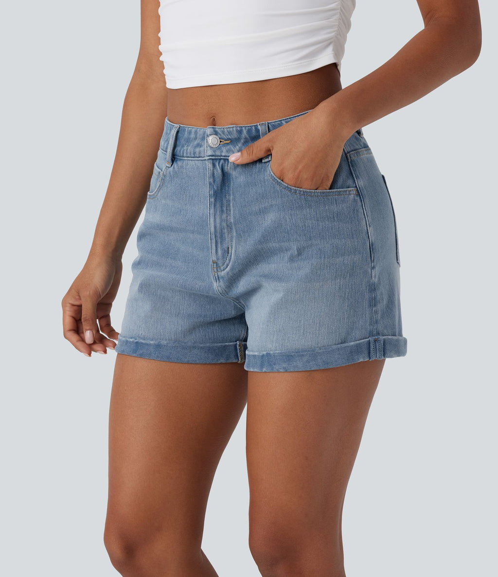 Short 7,5 cm décontracté en jean extensible Halara Flex™ taille moyenne avec boutons, zip et multiples poches