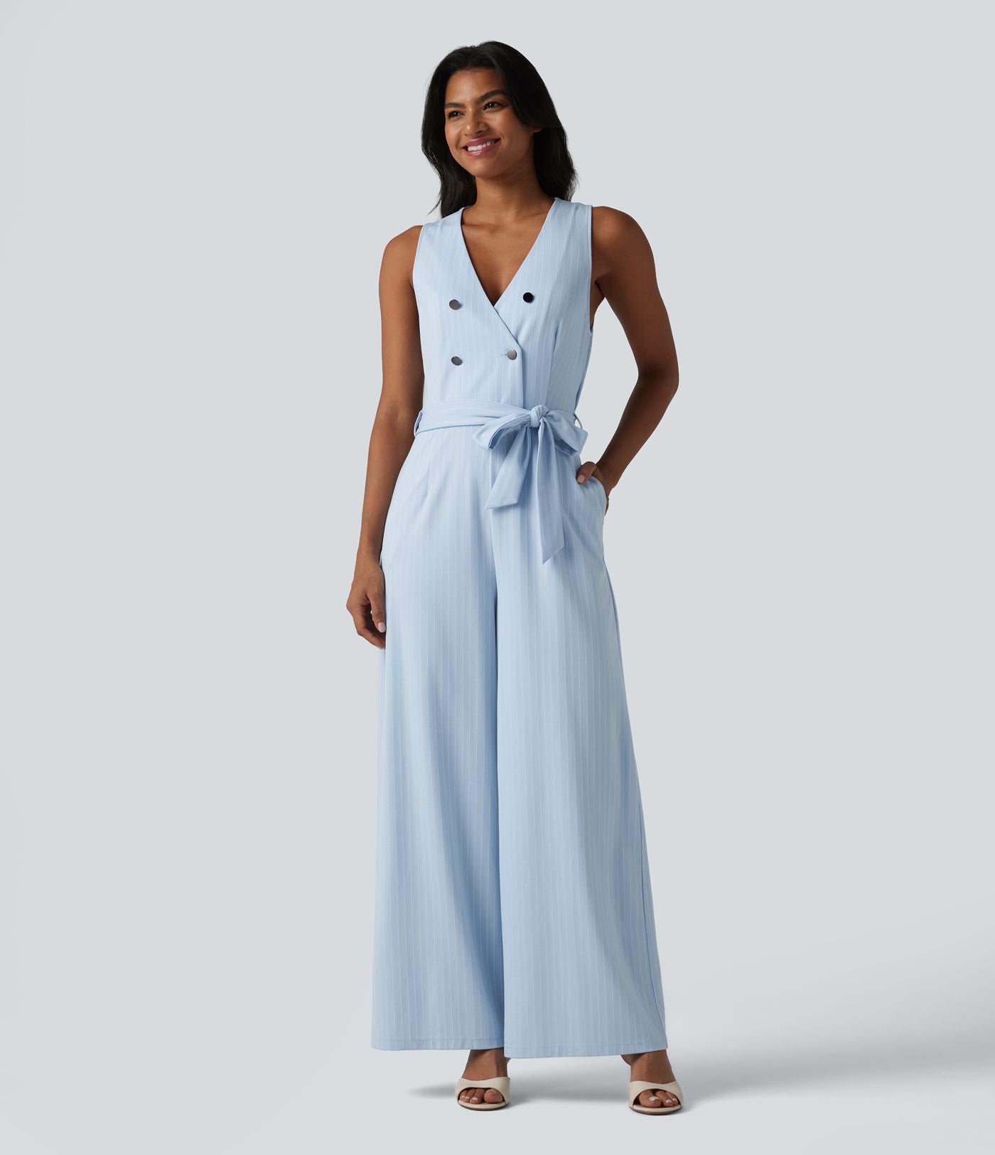 Combinaison tailleur sans manches à col V, ceinturée, avec zip invisible, rayures et effet frais avec poches, accès facile Easy Peasy