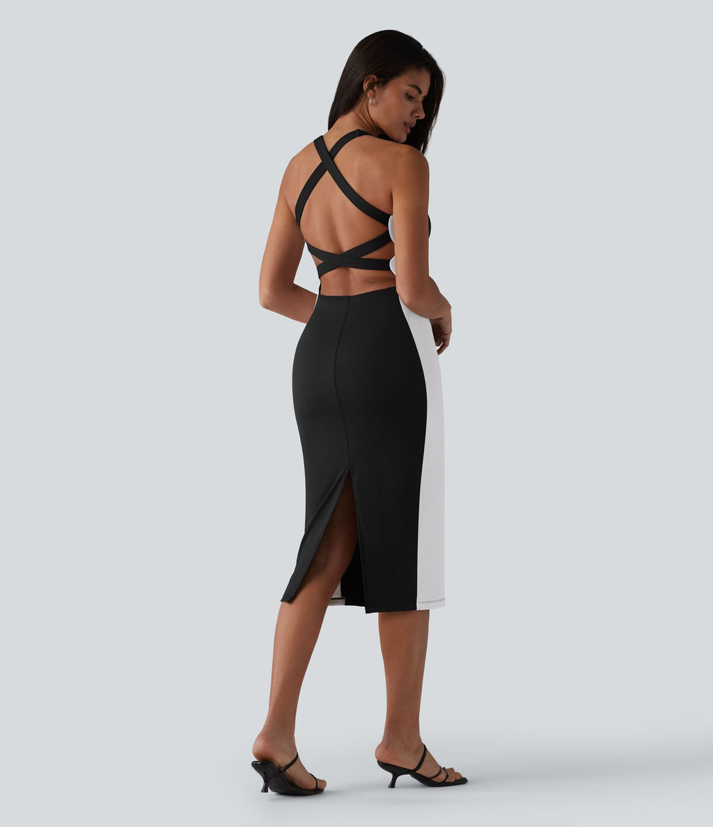 Robe midi moulante SoftlyZero™ Airy effet frais InstantCool color block avec brassière intégrée, effet gainant, short gainant intégré et bretelles croisées, accès facile Easy Peasy, protection solaire UPF50+