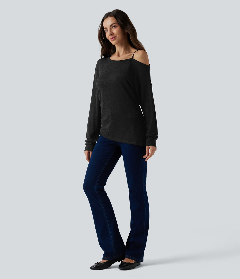 T-shirt décontracté semi-transparent une épaule dénudée à manches longues et ourlet asymétrique