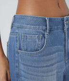 Halara Flex™ Jean Large Casual Taille Basse avec Boutons Zip Multiples Poches Lavés Élastiques et Tricotés
