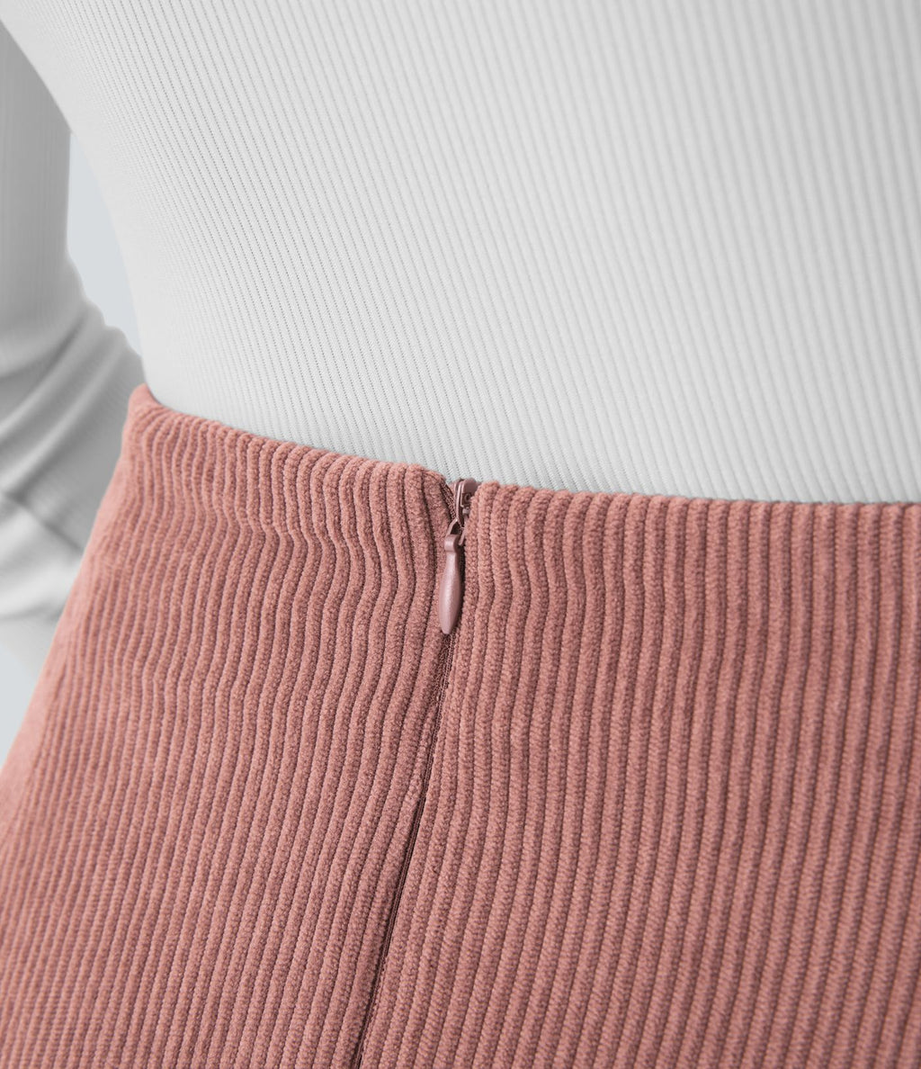 Mini-Jupe Casual en Velours Côtelé 2 en 1 Fermeture Éclair Invisible Taille Haute