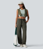 Pantalon cargo casual droit taille mi-haute avec cordon de serrage et poches