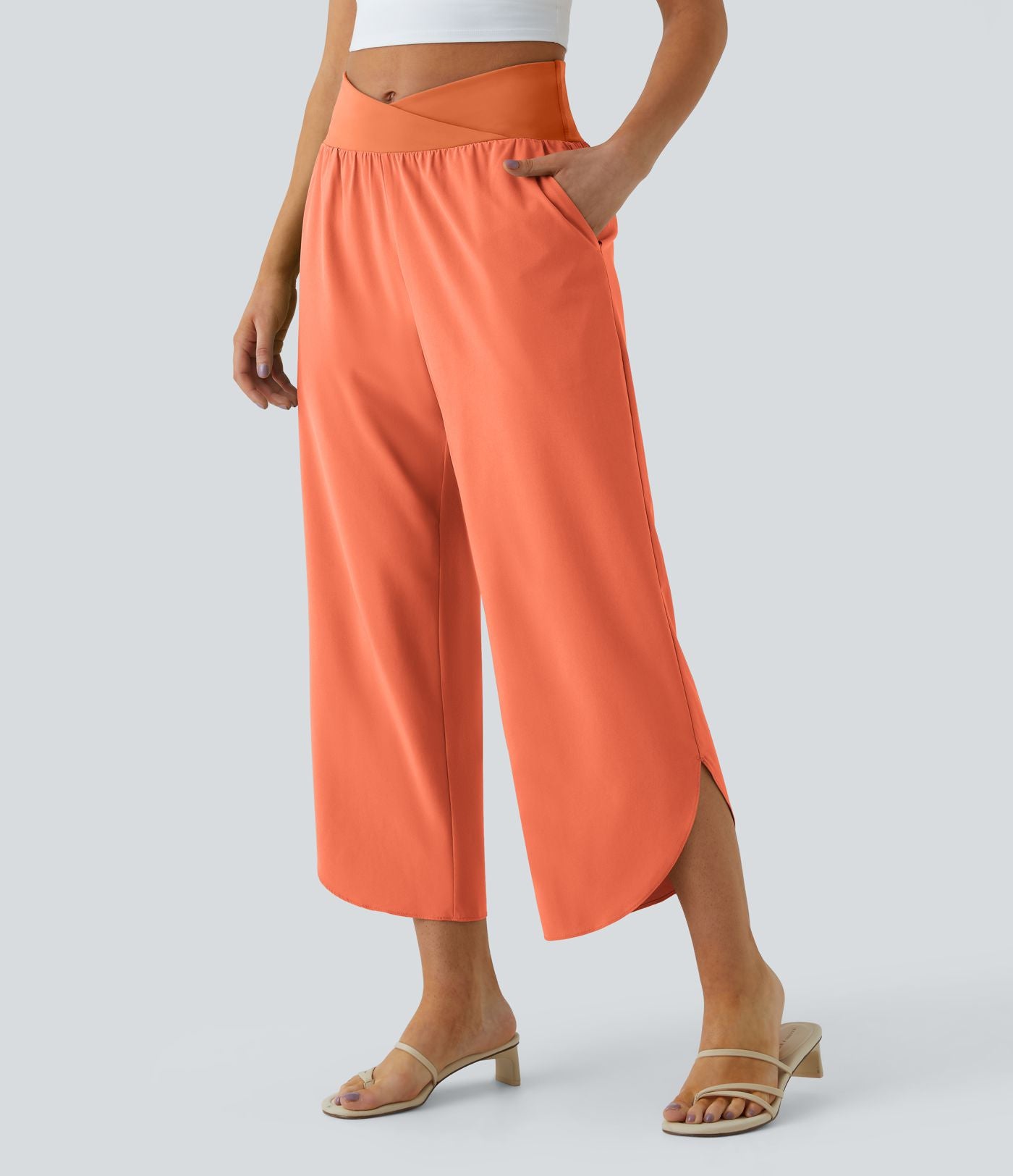 Breezeful™ Pantalon Fluide Vacances Séchage Rapide Taille Haute Croisée Poches Latérales Plissées Fente
