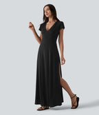 Robe longue fluide col V manches courtes