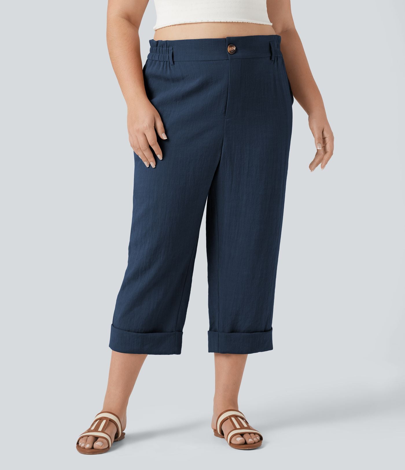 Pantalon de villégiature capri effet lin, grande taille, taille haute, avec poches