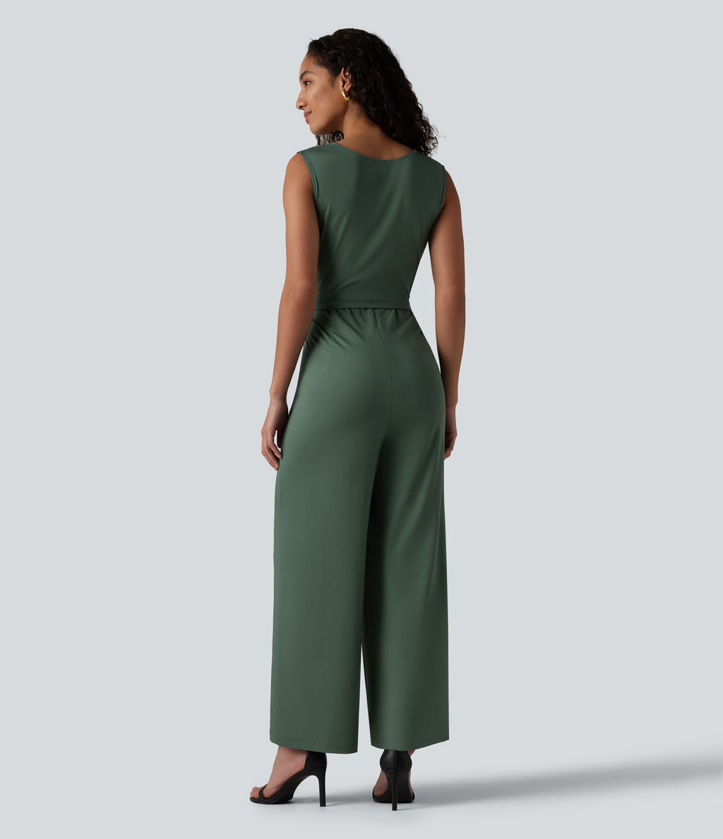 Combinaison tailleur jambe droite sans manches à col rond et taille croisée avec poches - Édition Easy Peasy