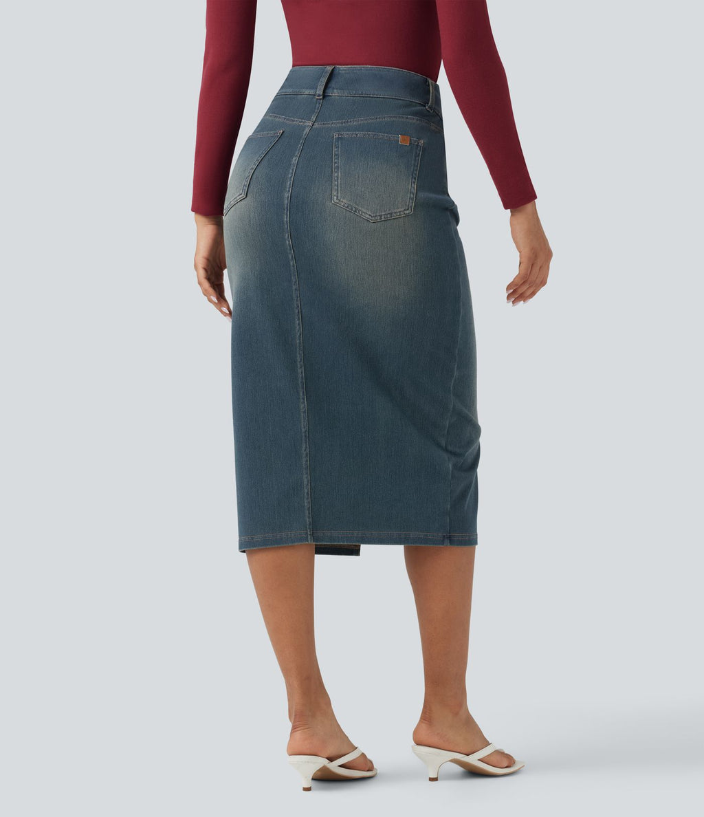 Halara Flex™ Jupe en Jean Casual Mi-Longue Délavé Extensible Plusieurs Poches Taille Haute