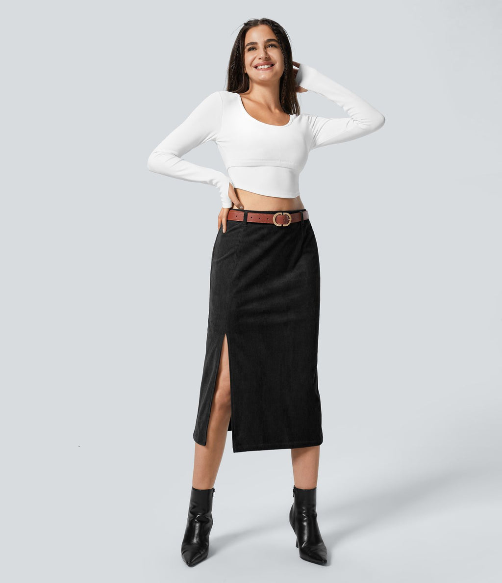 Jupe Casual en Velours Côtelé Mi-longue Taille Haute Fermeture Éclair Invisible et Fente fendue