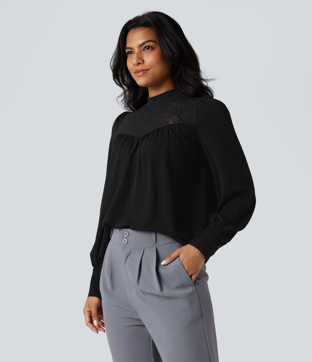 Chemise tailleur col montant dentelle contrastante manches longues