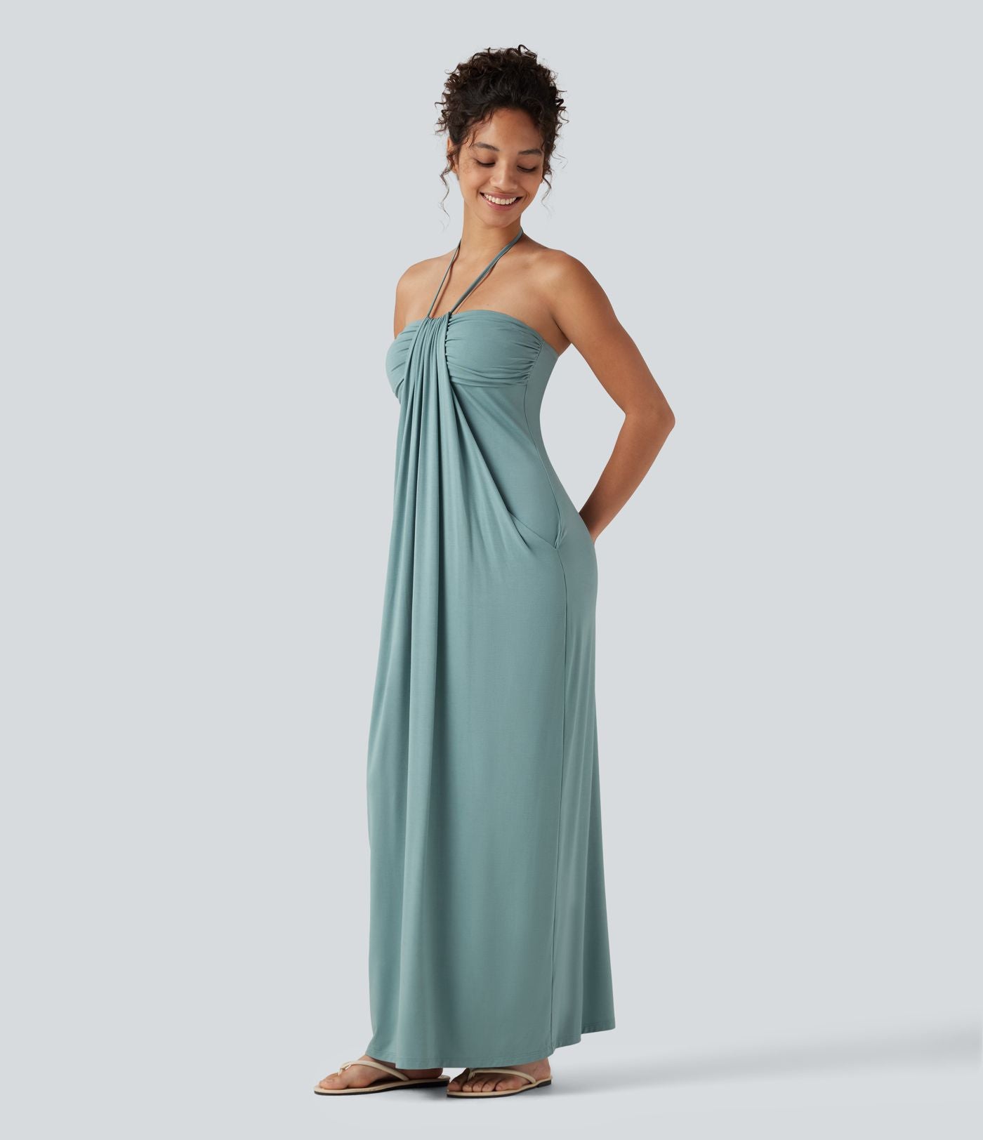 Robe longue dos nu à nouer avec soutien-gorge intégré et poches