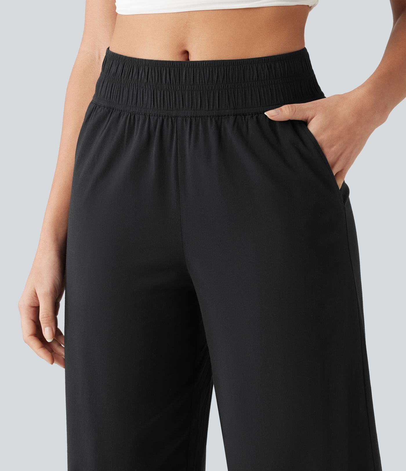 Pantalon large fluide 7/8 taille mi-haute en lin extensible avec poches