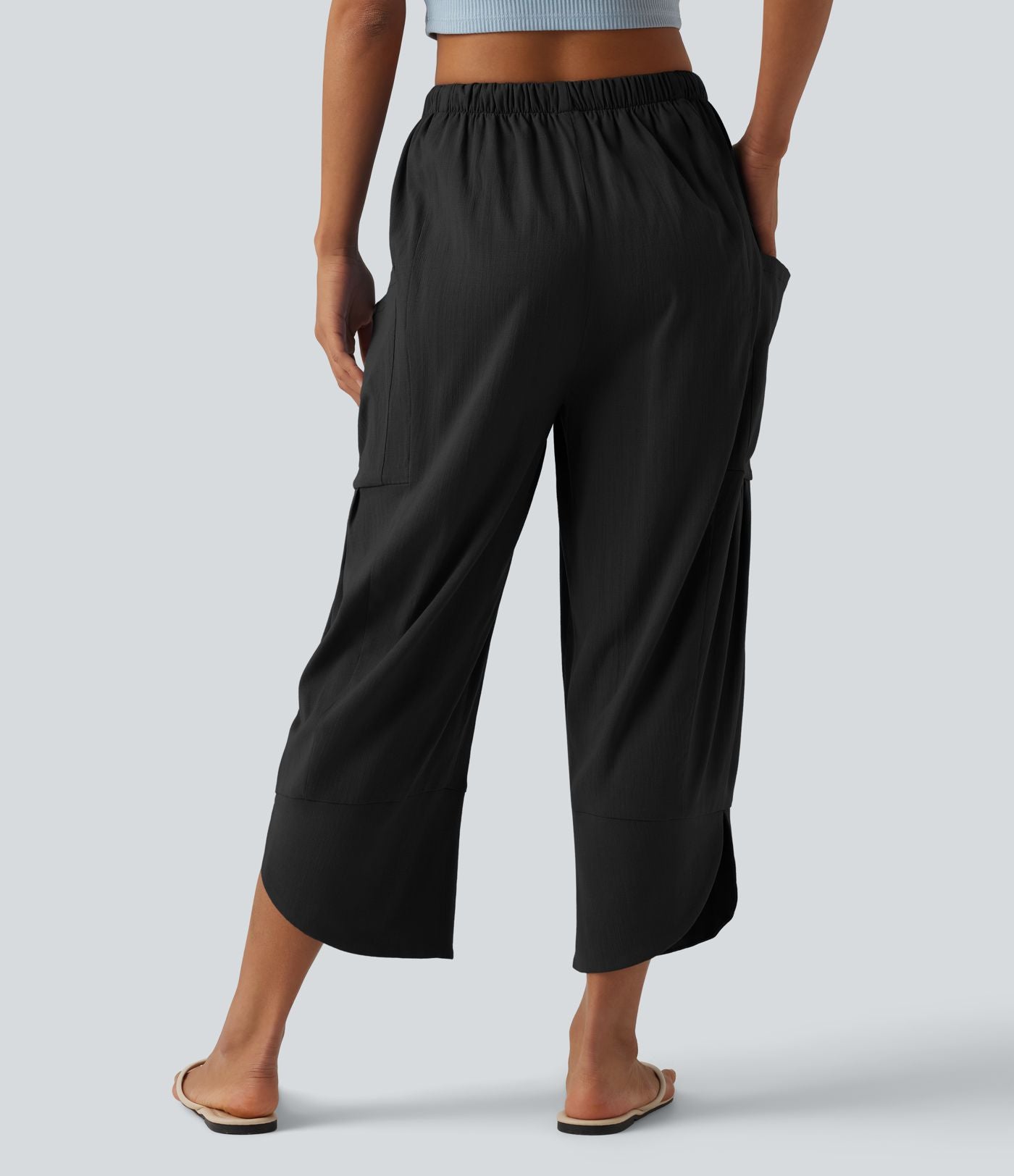 Pantalon court décontracté taille haute avec cordon de serrage, ourlet arrondi, effet lin et poches