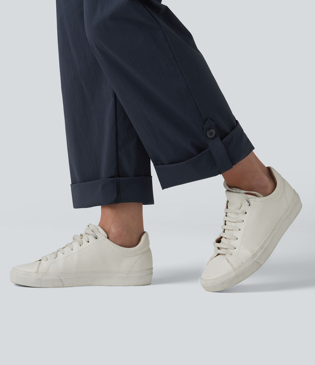 Pantalon cargo droit taille mi-haute avec cordon de serrage, longueur ajustable et poches