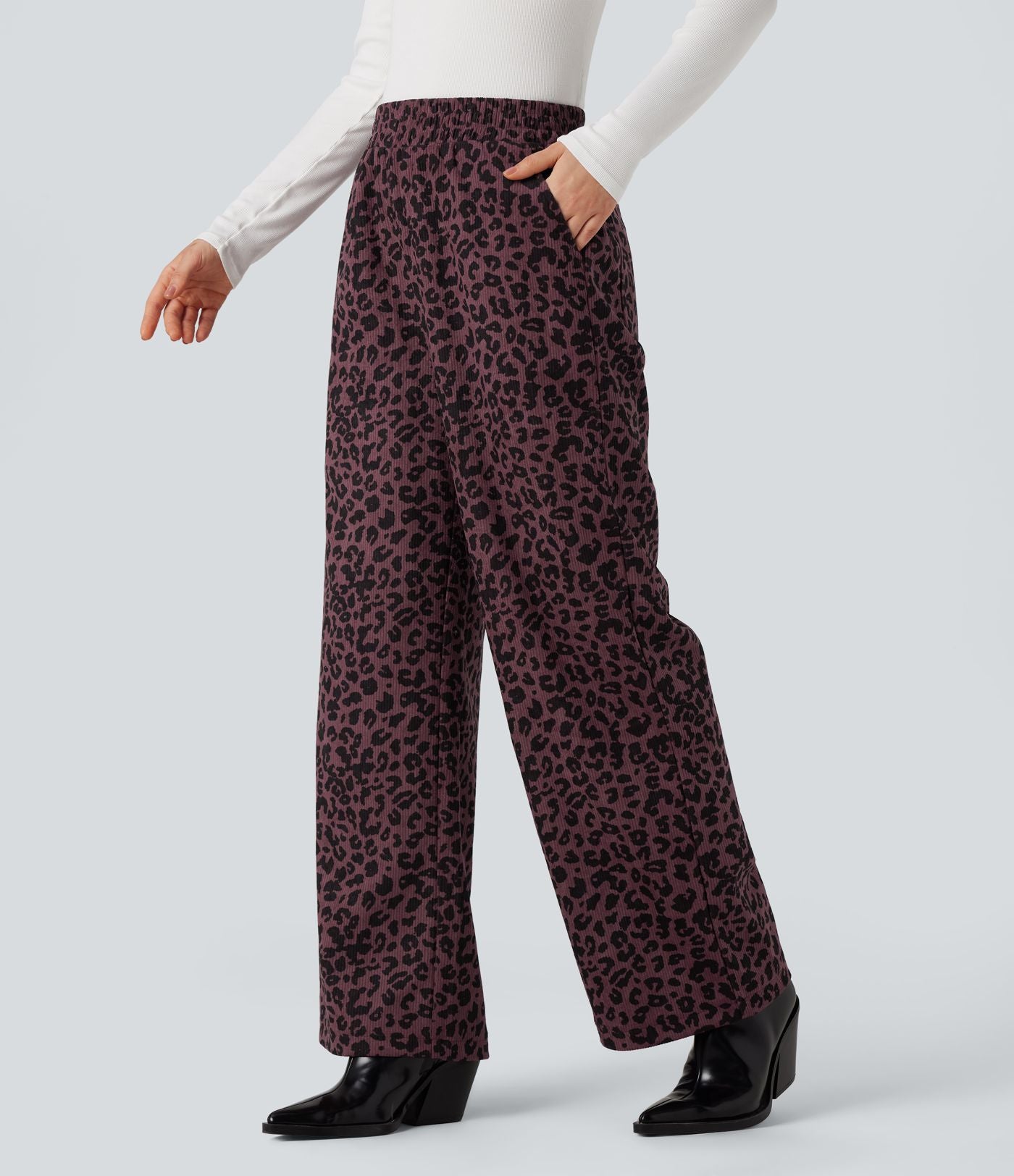 Pantalon léopard ample décontracté velours côtelé imprimé taille haute avec poches