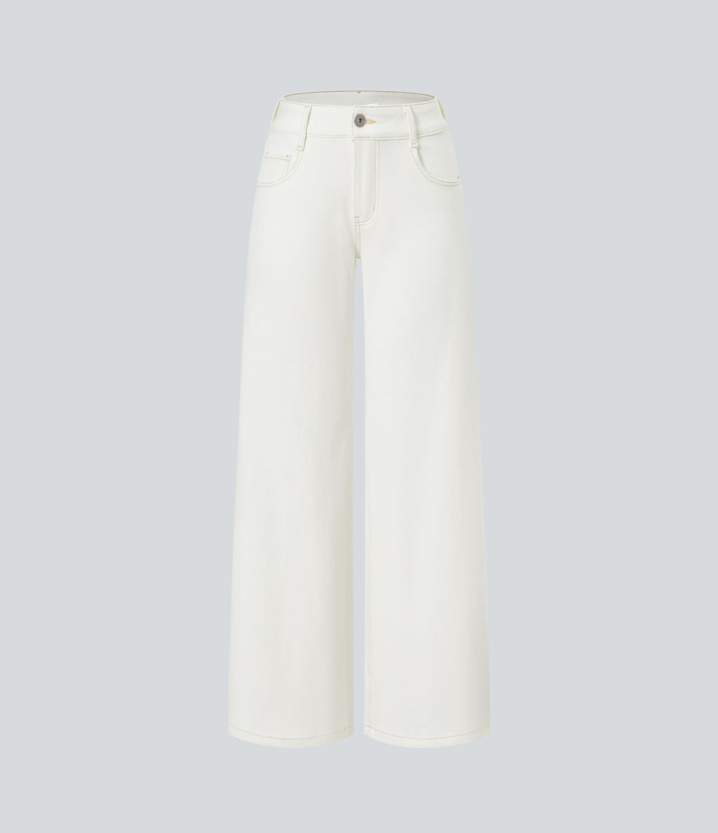 Halara Flex™ Jean Large Casual Taille Basse avec Boutons Zip Multiples Poches Lavés Élastiques et Tricotés