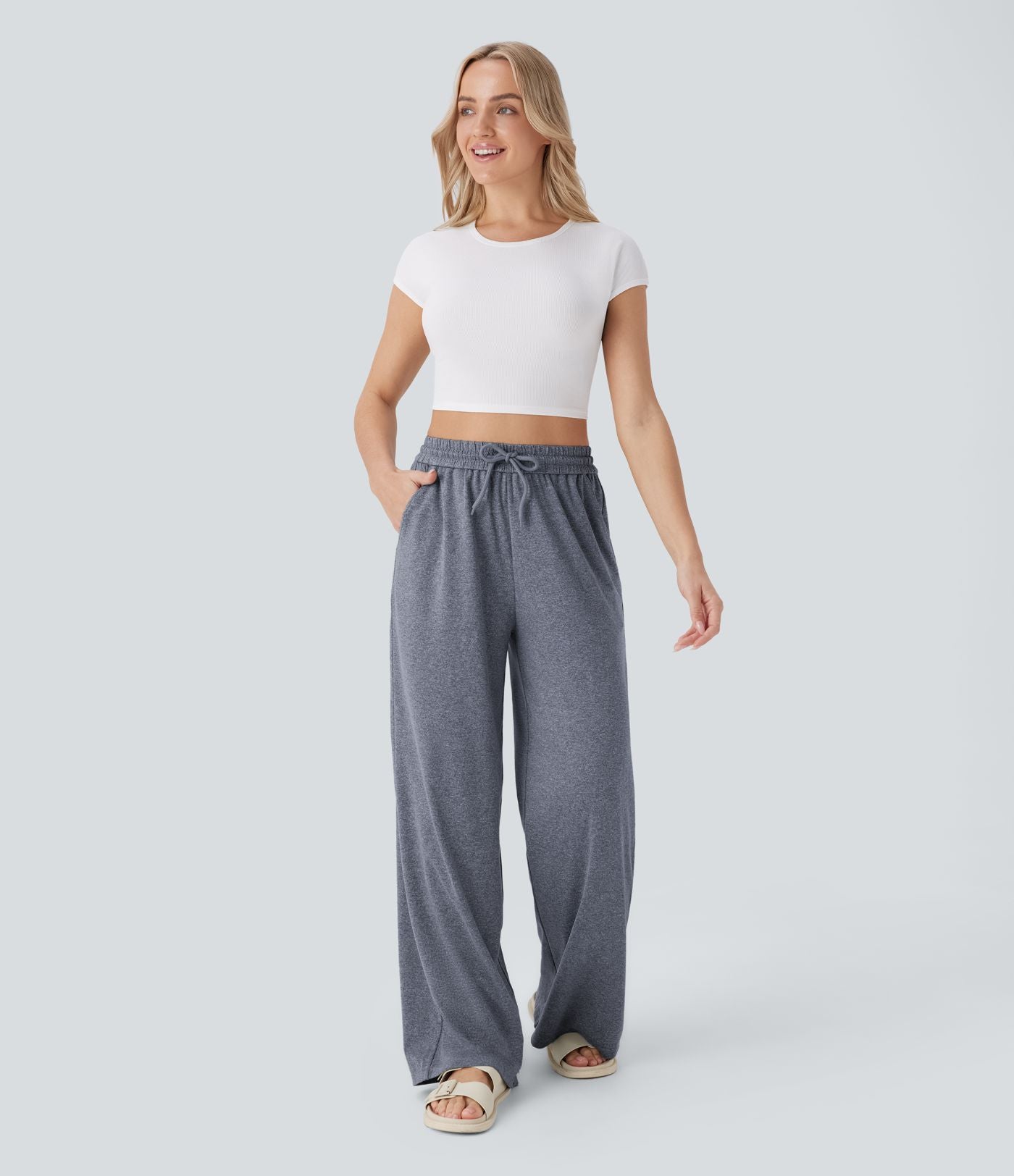 Pantalon large décontracté taille haute avec cordon de serrage et poches latérales