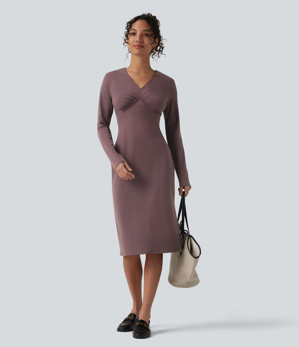 Robe midi col V manches longues froncée avec fente - Idéale pour le bureau