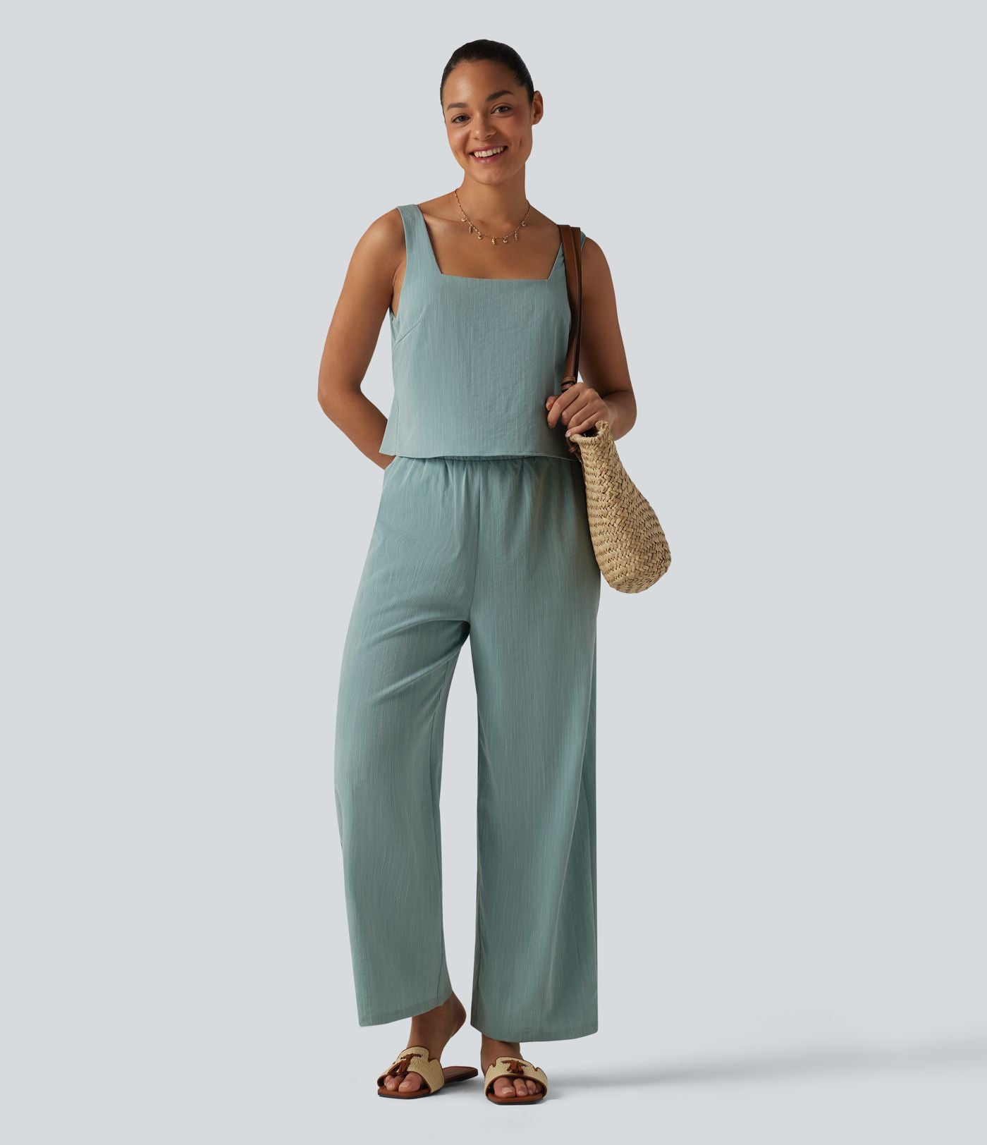 Combinaison sans manches col carré, toucher lin, avec poches, idéale pour les vacances — Easy Peasy