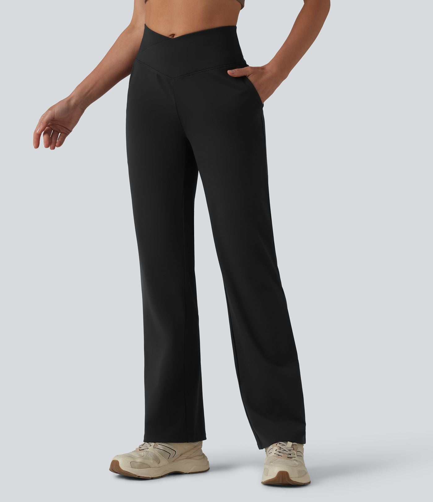 Pantalon bootcut de yoga taille haute croisée avec poches