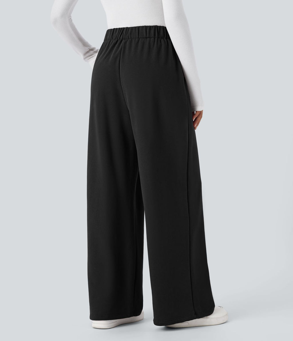 Pantalon Jogging Thermique Taille Haut Jambes Larges Poche Latérale Plissée en Fleece