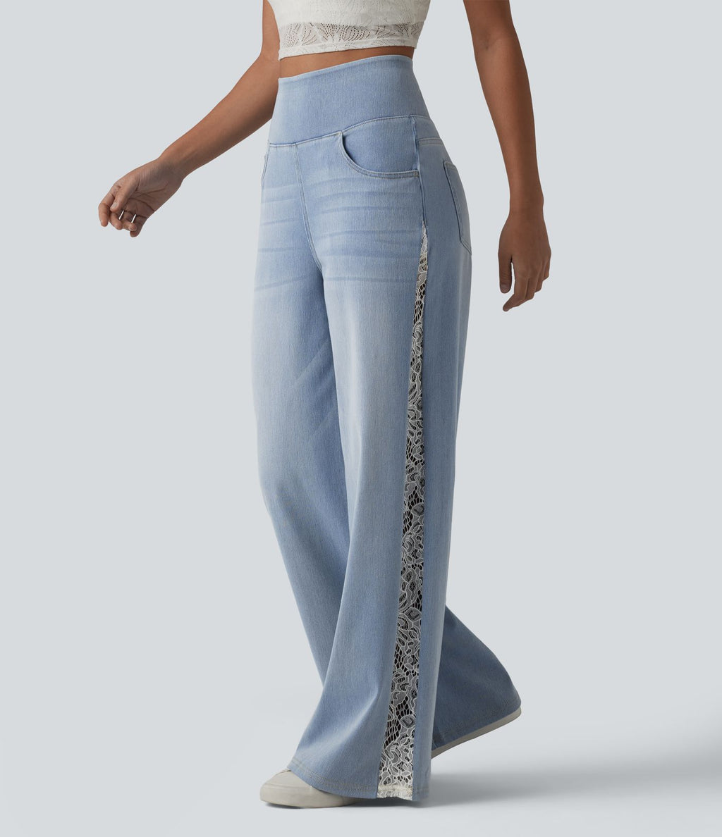 Jean large Halara Flex™ décontracté taille haute avec poches et dentelle contrastée