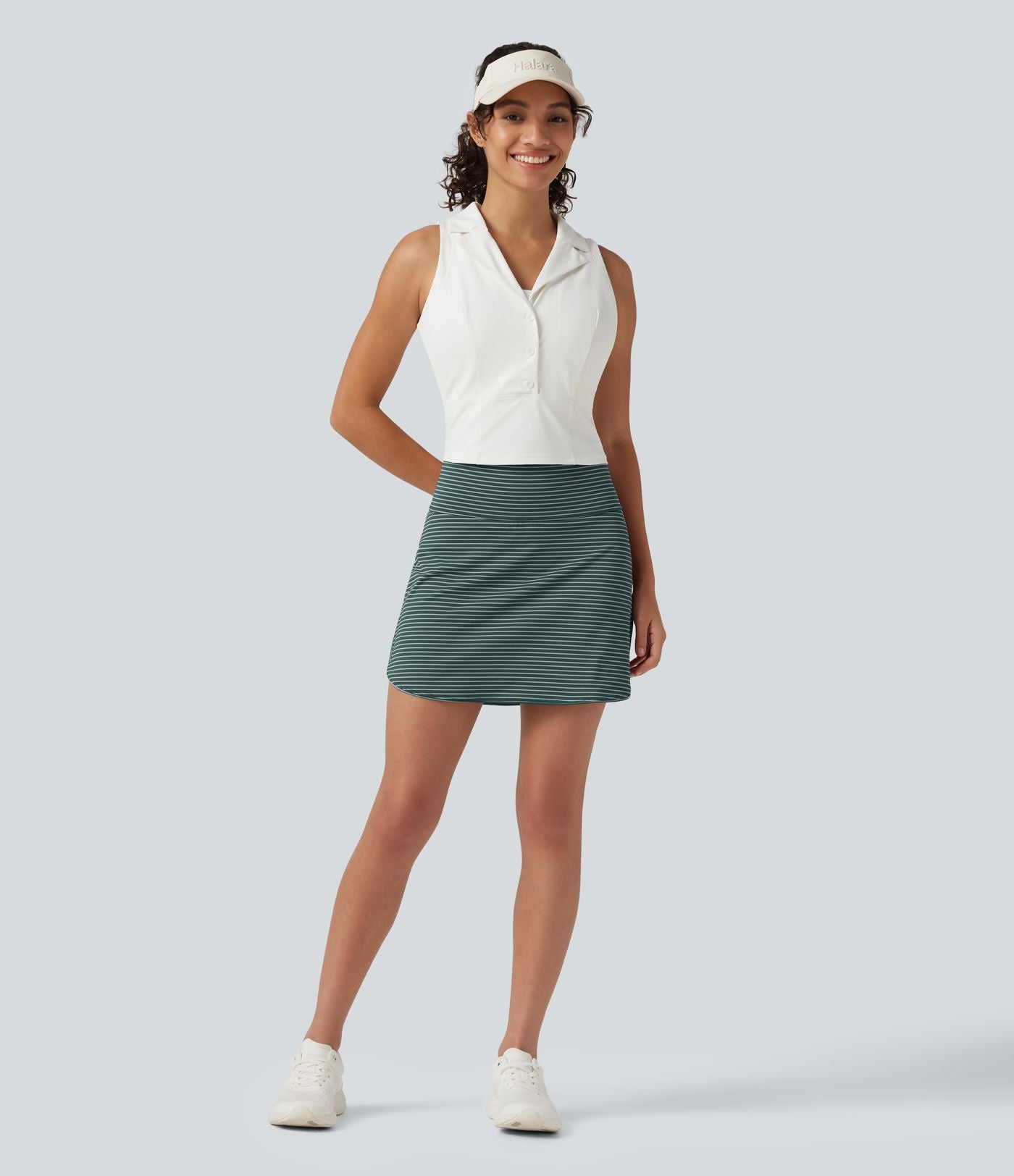Mini-jupe de golf 2 en 1 à rayures, taille ultra haute, effet ventre plat, ourlet arrondi et poches