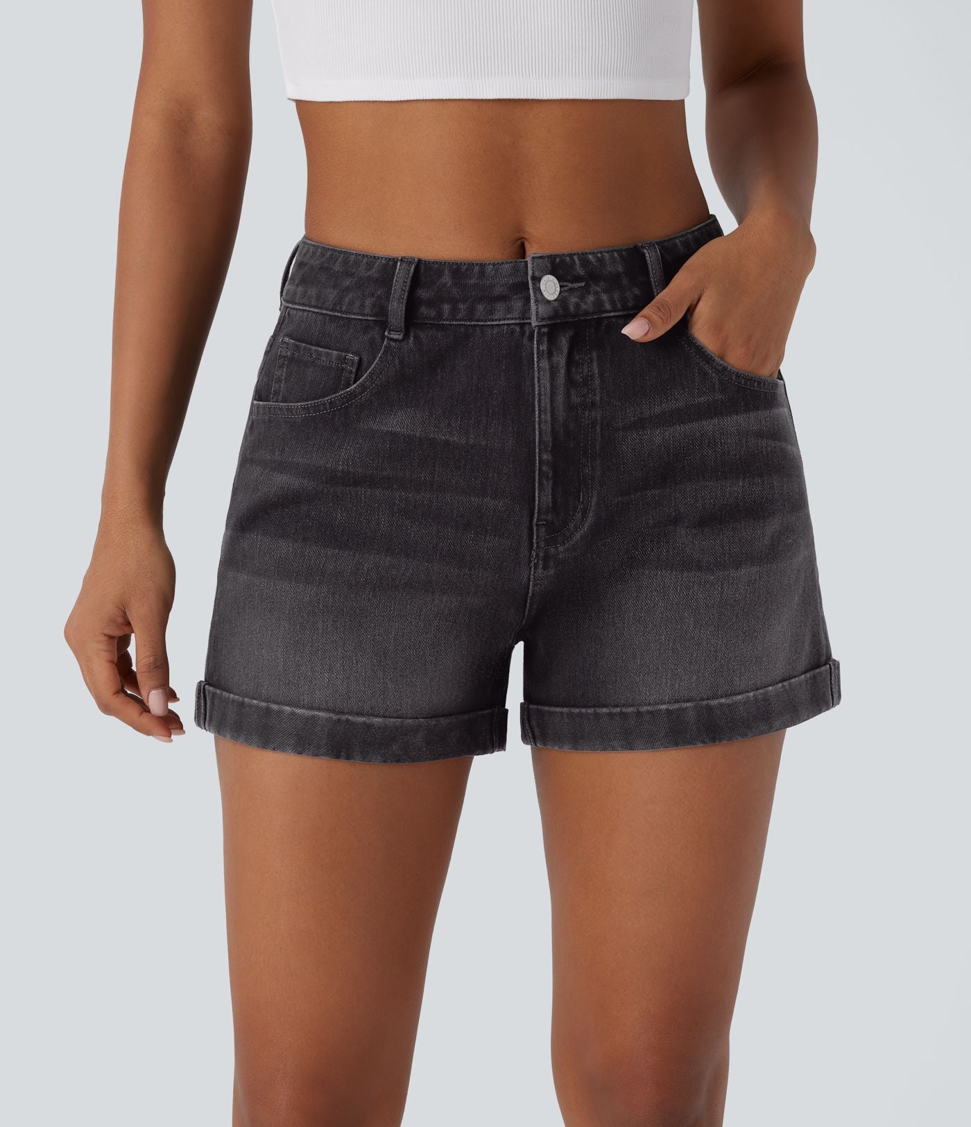 Short 7,5 cm décontracté en jean extensible Halara Flex™ taille moyenne avec boutons, zip et multiples poches