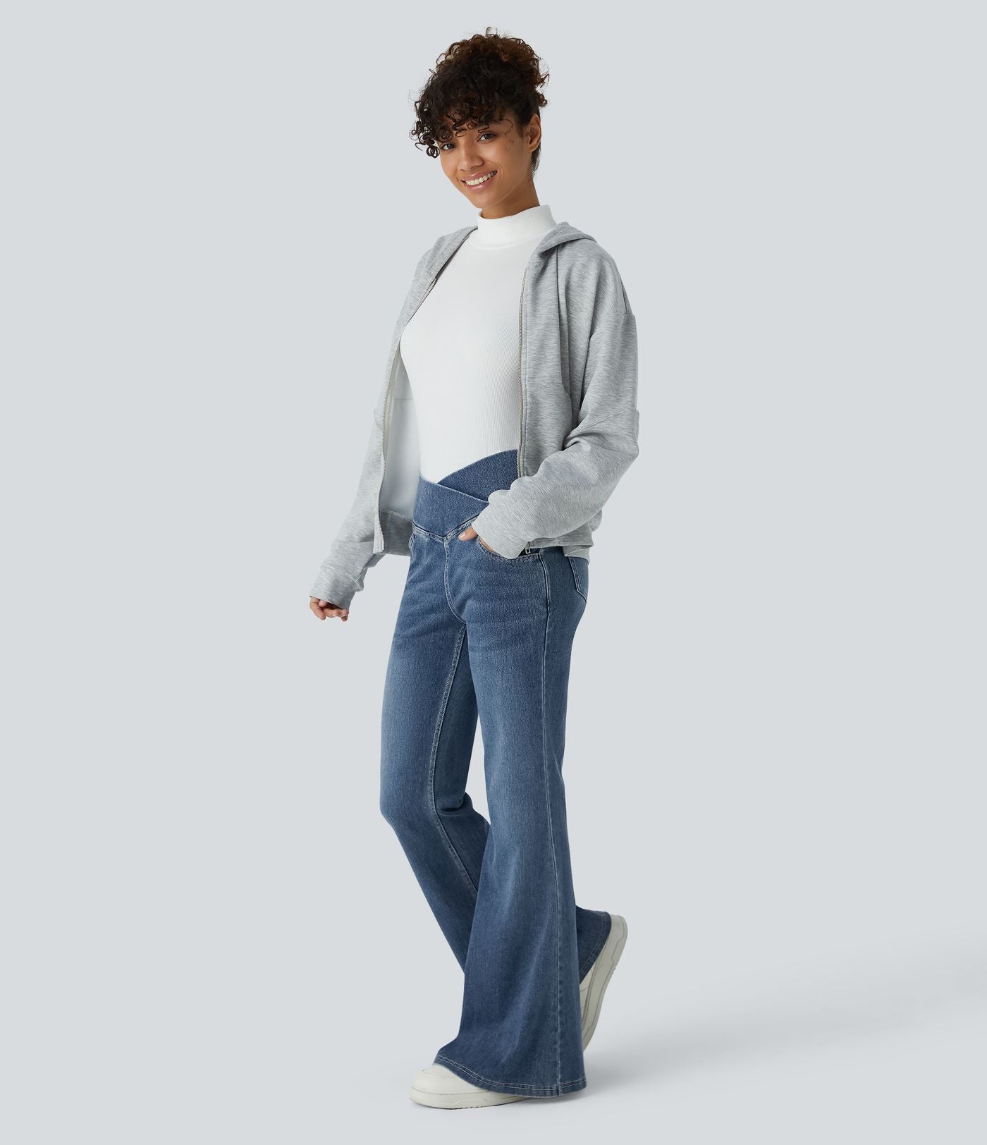 Halara Flex™ Jean Évasé à Taille Haute avec Poche Crossover Tissu Élastique Lavé