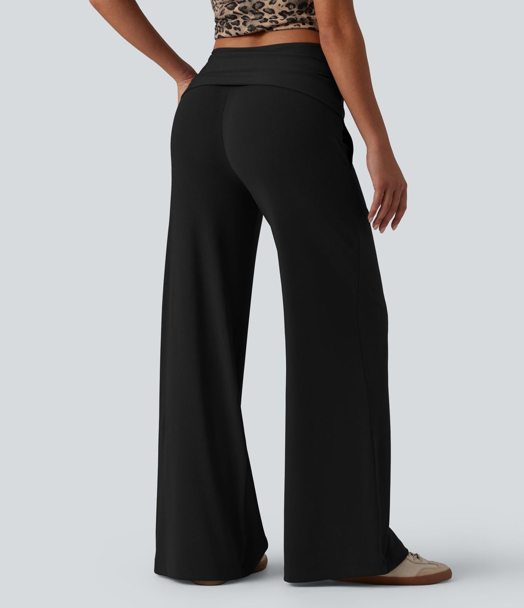 Pantalon ample décontracté en maille côtelée taille très haute rabattable avec poches