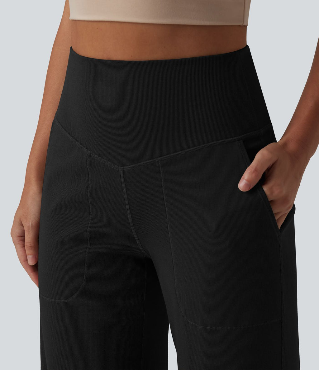 Pantalon large décontracté taille haute ventre plat en maille côtelée avec poches