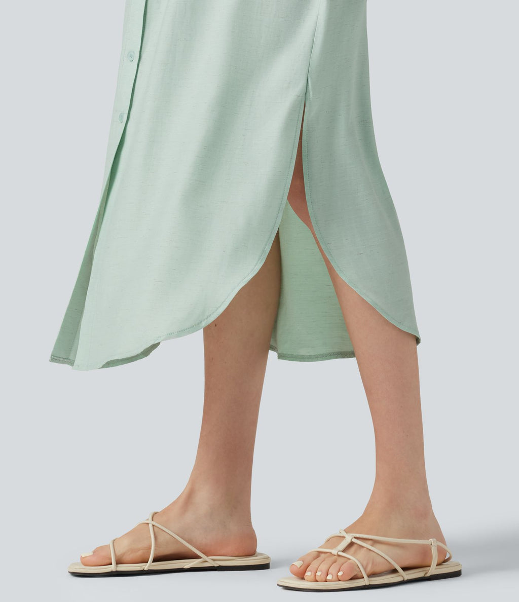 Robe chemise midi décontractée en mélange de lin, col classique, manches cape, ceinturée, ourlet arrondi fendu avec poches