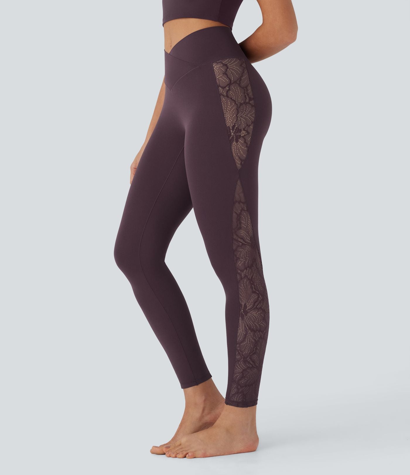 Softlyzero™ Legging Yoga 7/8 Taille Haute avec Poche au Dos Découpe Croisée et Dentelle Contrastante