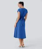 Robe midi Breezeful™ col V manches courtes à liens dans le dos séchage rapide avec poches latérales
