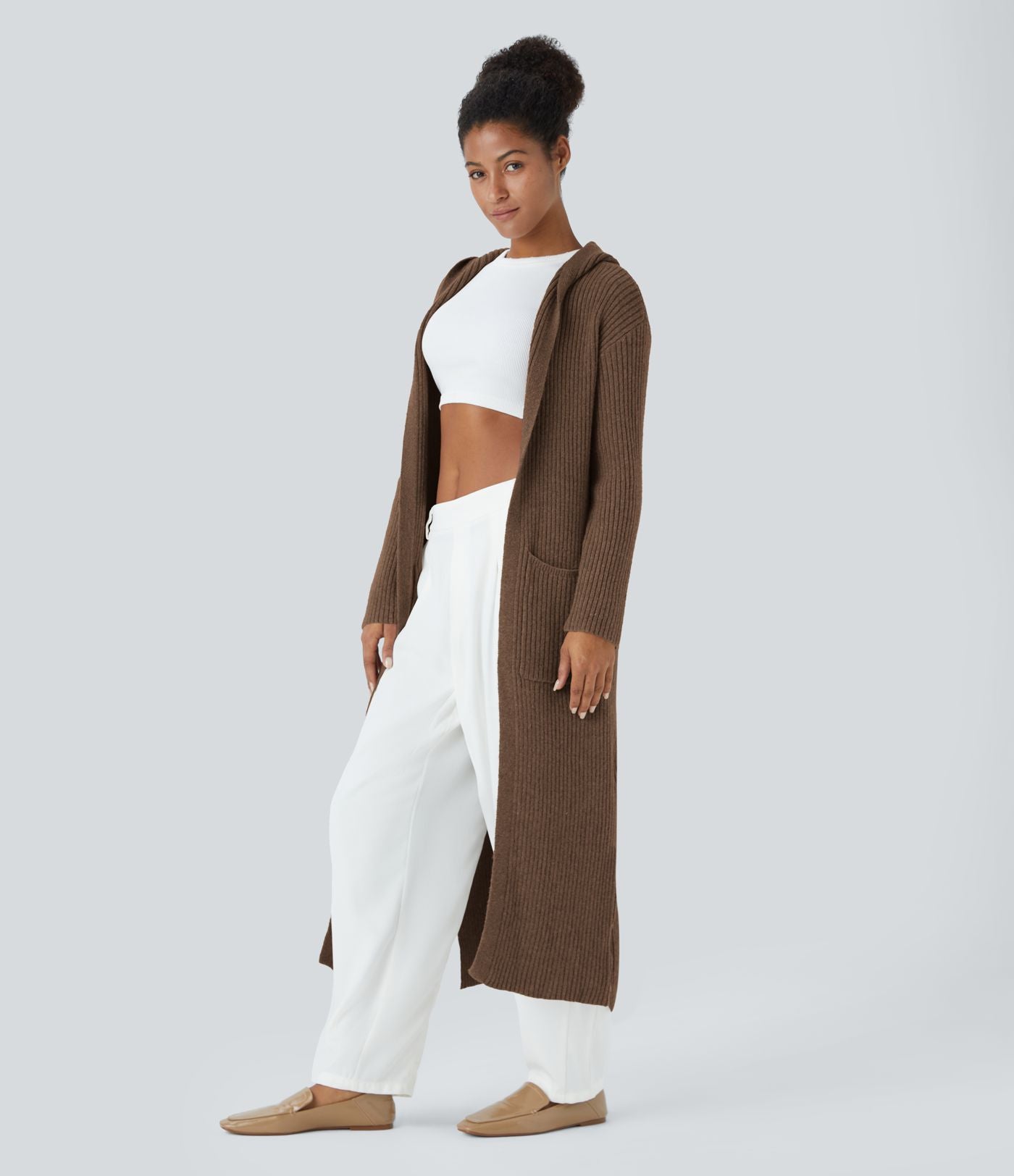 Cardigan long casual à capuche, manches longues et poches