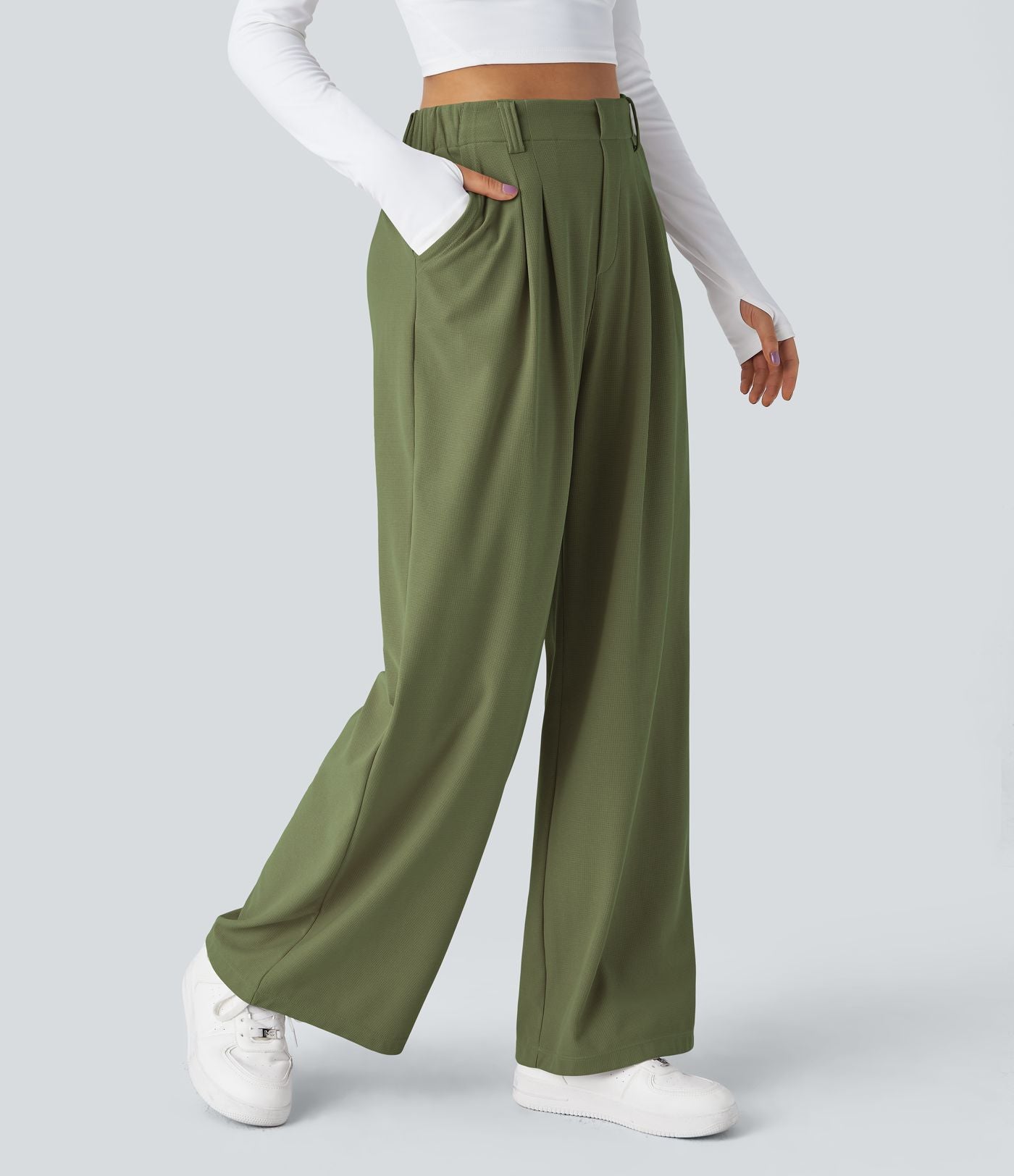 Halara Flex™ Pantalon Tailleur Large Fluide Gaufré Taille Haute Poches Latérales