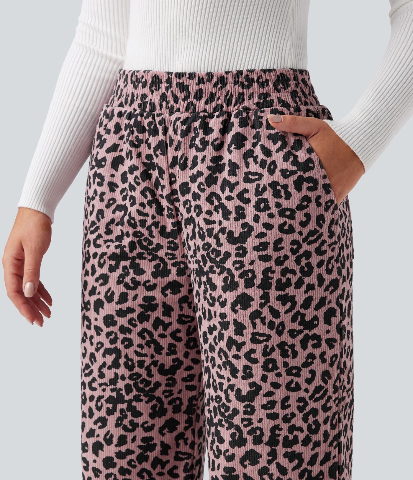 Pantalon léopard ample décontracté velours côtelé imprimé taille haute avec poches