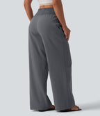 Pantalon large décontracté froncé taille haute aspect lin avec poches