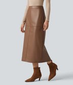 Jupe crayon midi habillée taille haute en simili cuir doublé polaire avec fermeture éclair invisible et fente