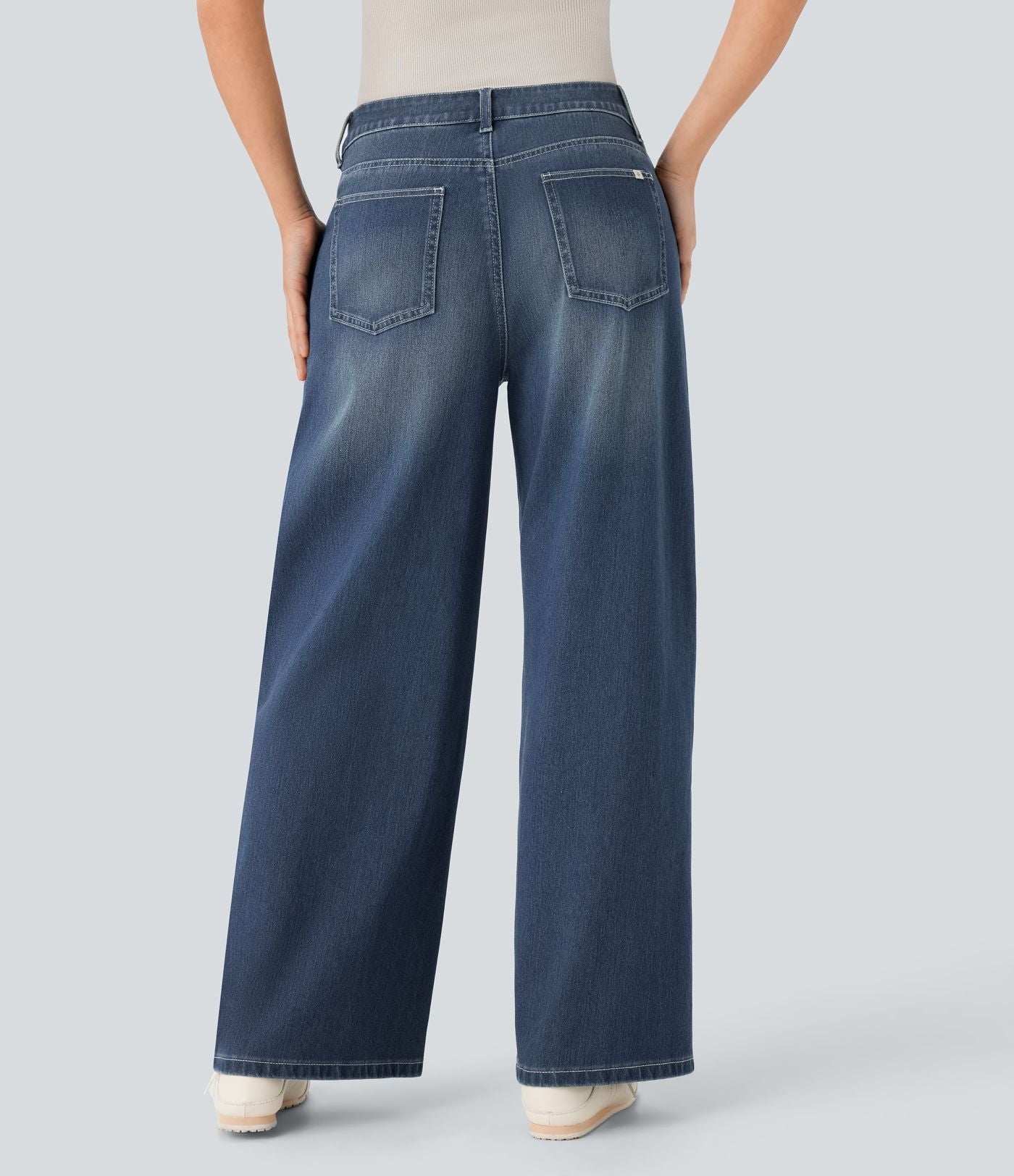Halara Flex™ Jean Large Casual Taille Basse avec Boutons Zip Multiples Poches Lavés Élastiques et Tricotés