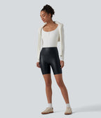 Short de cycliste casual en PU stretch gainant taille haute 17,5 cm avec poches