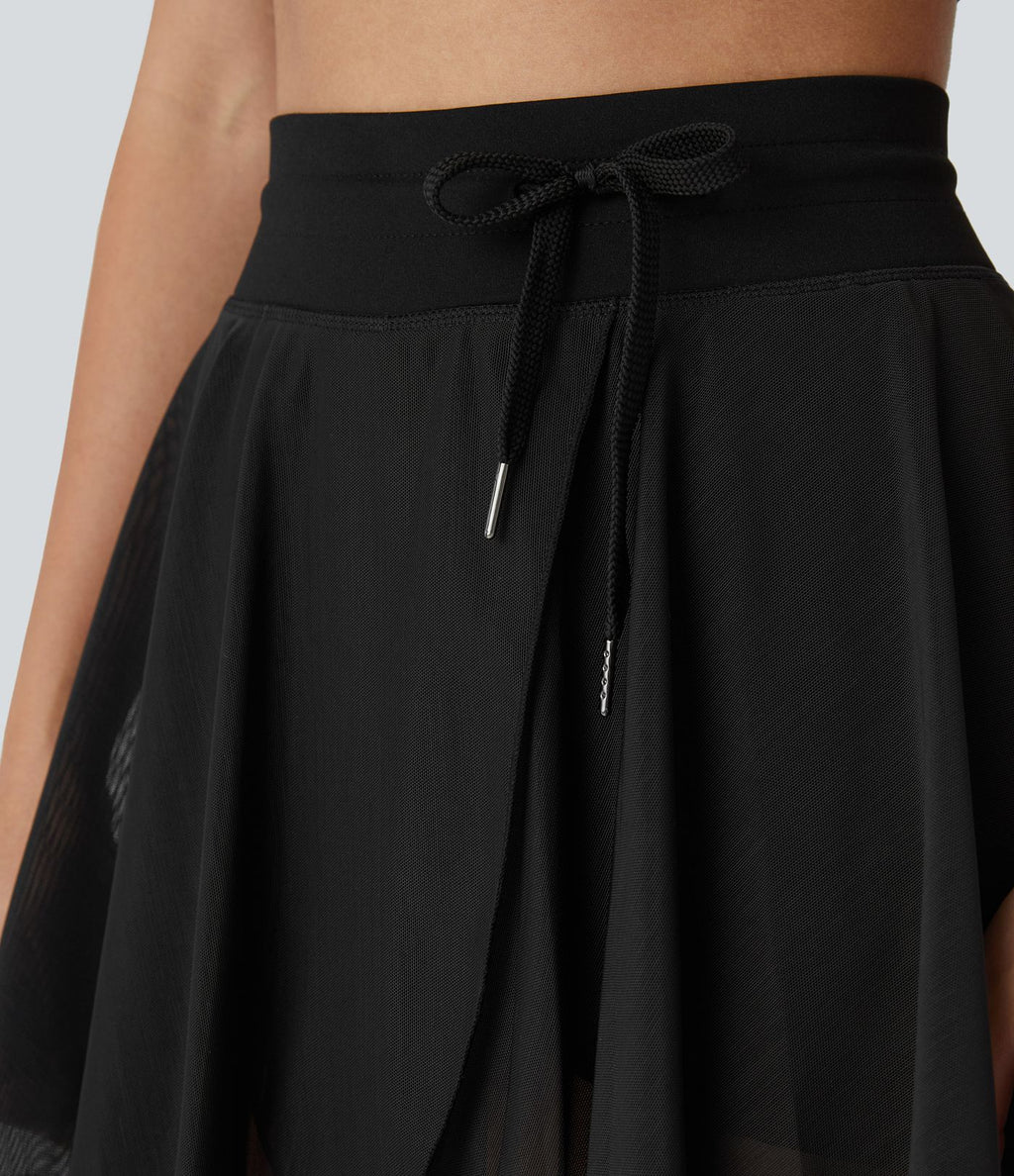 Jupe Casual Évasée Fluide 2 en 1 en Maille Contrastée Taille Haute Cordon de Serrage Poche Latérale
