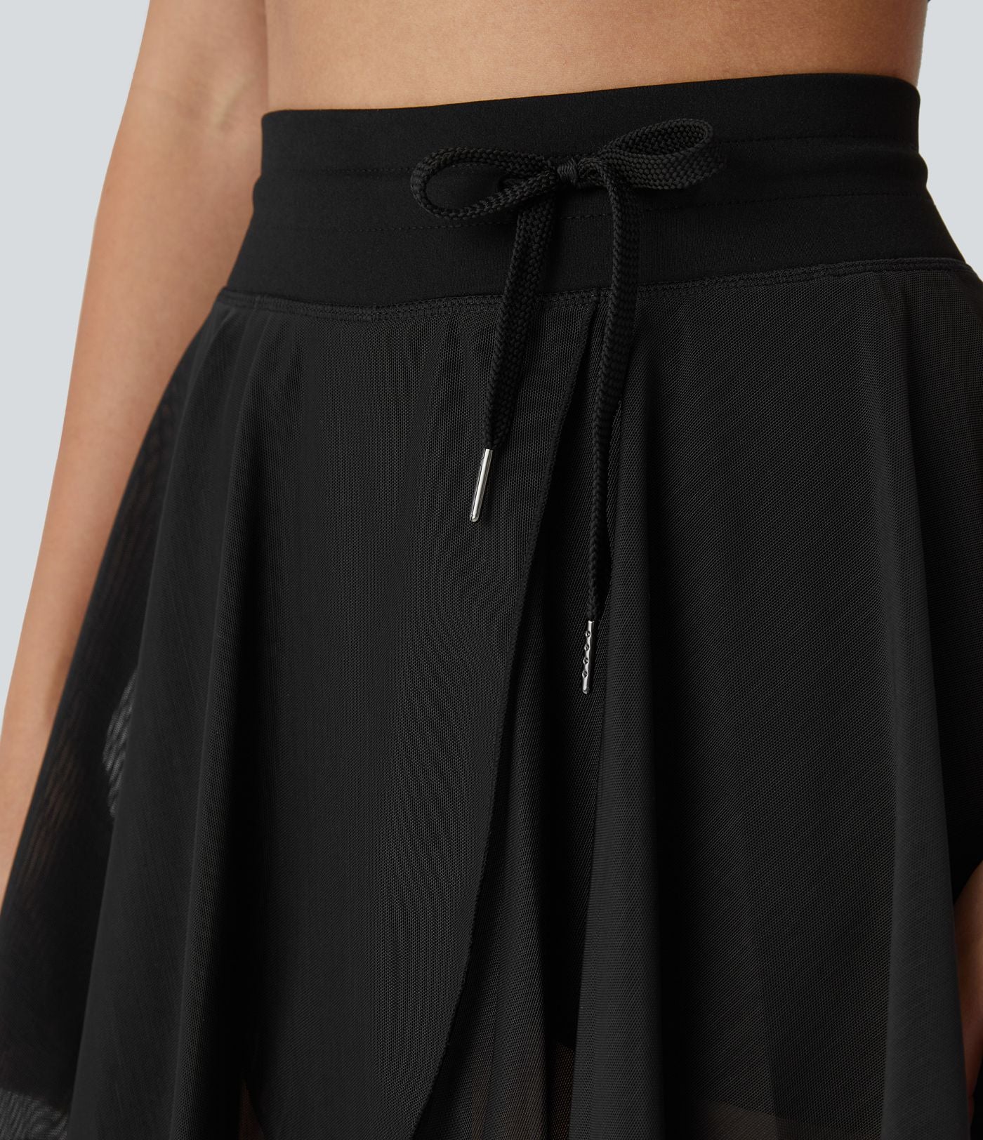 Jupe Casual Évasée Fluide 2 en 1 en Maille Contrastée Taille Haute Cordon de Serrage Poche Latérale
