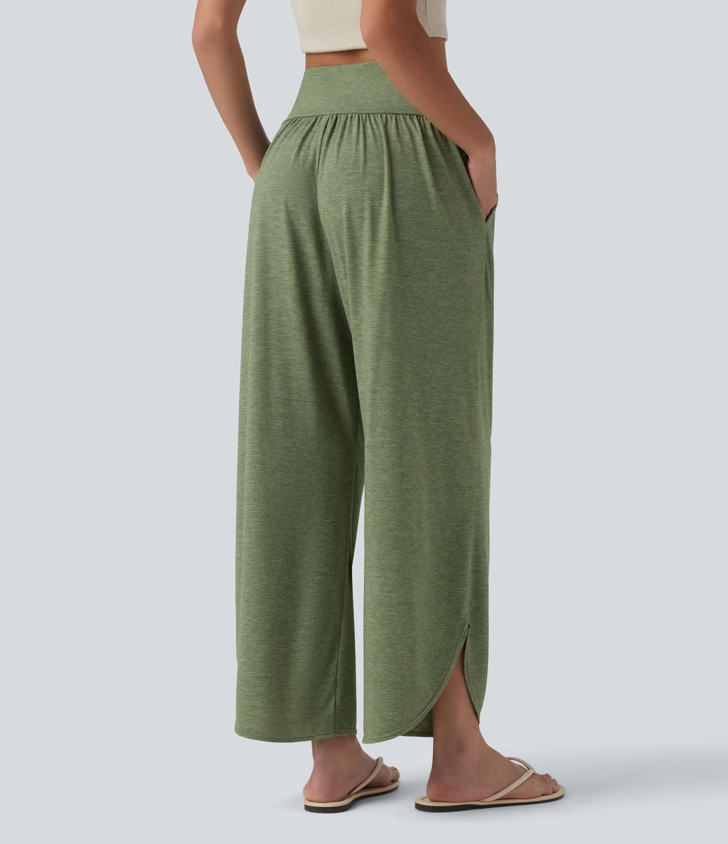 Pantalon décontracté taille haute gainant avec ourlet arrondi et poches