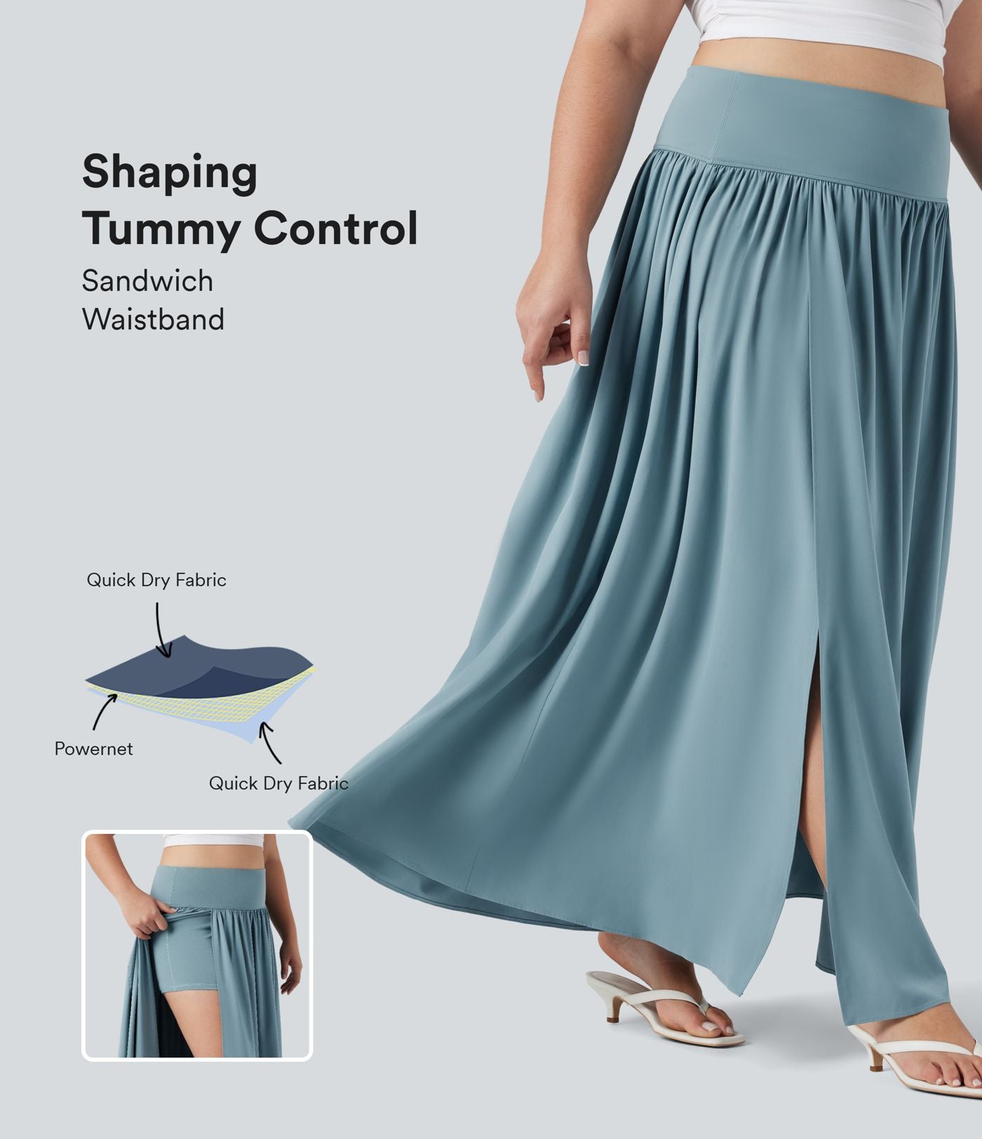 Jupe maxi fluide 2-en-1 gainante taille haute à séchage rapide grande taille Breezeful™